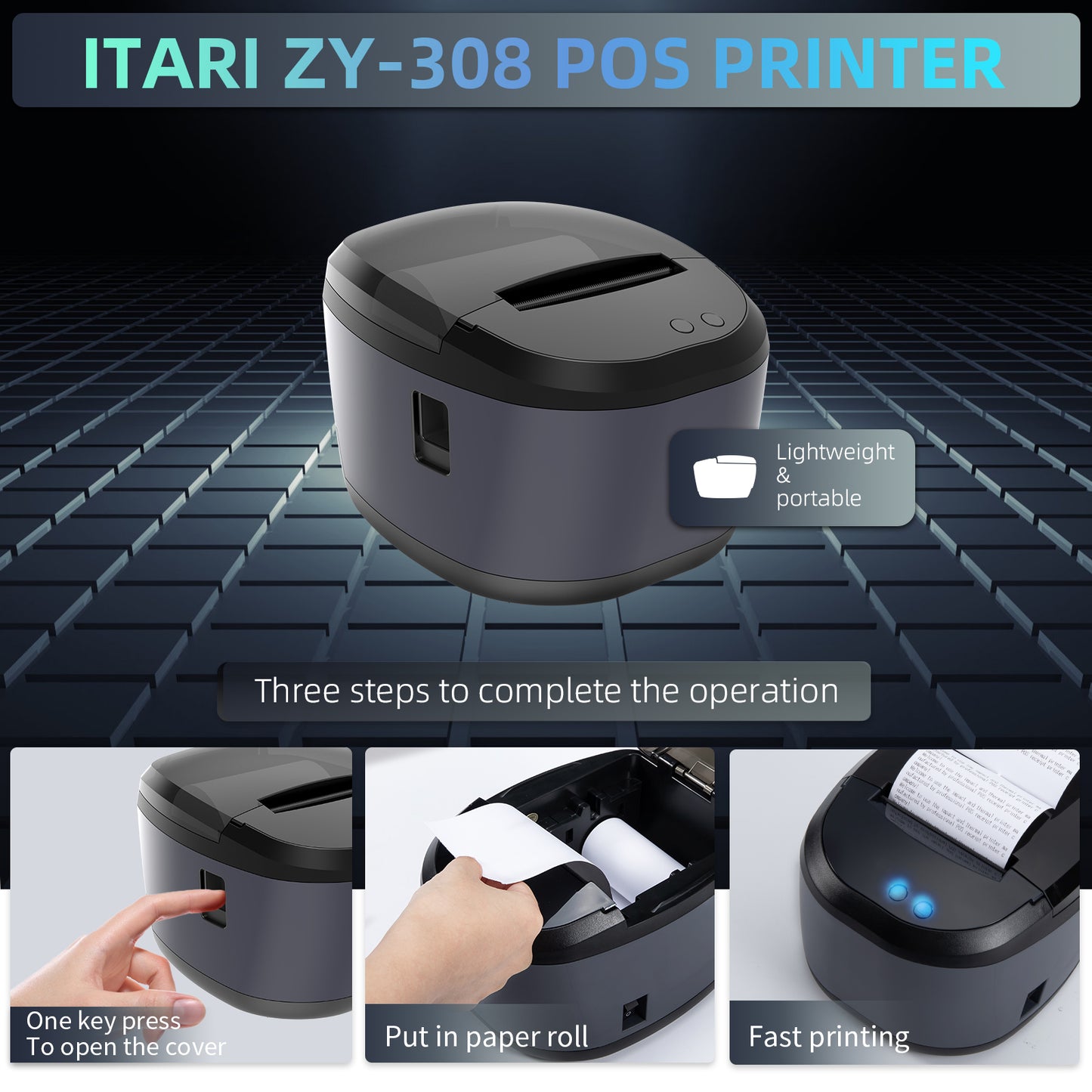 ITARI ZY308 80mm POS Thermal Receipt Printer for iOS, Android, and Windows/Mac with Auto-Cutter and Internal Power Supply, 230 mm/Sec Print Speed，USB/LAN Port (Dark Grey)